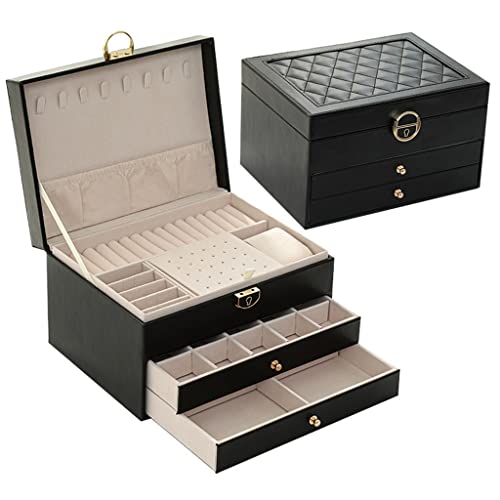 NZpost Dreischichtige Schmuckschatulle mit Multifunktionsschloss und Diamant-Leder, Aufbewahrungsbox für Ohrstecker, Ringe und Schmuck (D 23 x 17 x 13,5 cm) von NZpost