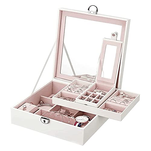 NZpost Schmuckschatulle für Damen, Senior-PU-Leder, 2-lagige mittelgroße Schmuckaufbewahrungsbox mit Schloss. Tragbares Reise-Schmucketui für Ohrringe, Armbänder, Ringe (weiß) von NZpost