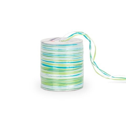 NaDeco Geschenkband Multicolour, 50m Rolle, Farben wählbar Viskoseband Bastband Raffia Raffiaband Präsent Band Raffia Bast Dekoband Bastelschnur Tüddelband, Farbe:blau/Weiss/grün von NaDeco