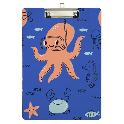 Naanle Klemmbrett für Klassenzimmer Büro Ozean Octopus Klemmbrett Kunststoff Klemmbrett mit niedrigem Profil Metall Clip Dekorative Klemmbretter A4 Standard Briefgröße 22,9 x 31,8 cm von Naanle