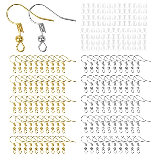 Naapesi Ohrringe Selber Machen Set, 50 Silber Ohrring Haken 50 Gold Ohrring Haken Hypoallergene Ohrhaken mit 100 Klaren Ohrring Stopper für DIY Ohrhänger Schmuckherstellung, Ohrringe Zubehör Basteln von Naapesi