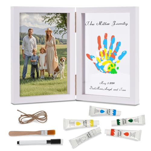 Nabance Familien Handabdruck Set für 4, Bastel Bilderrahmen aus Holz Handabdruck Baby Fotorahmen Set Fingerfarben Kinder Ungiftig Pfotenabdruck set Hund DIY Geschenke mit 4 Blätter von Nabance