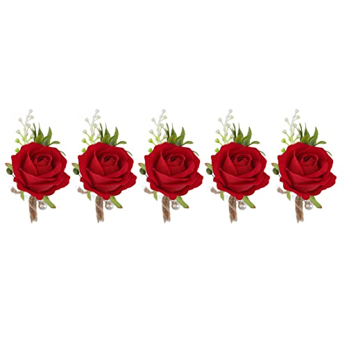 Nachukan 5 Stück Künstliche Rosen-Boutonniere Für Hochzeit, Blumen-Anstecknadel aus Kunststoff Für Bräutigam Und Braut, Feste Knopflöcher Für Die Hochzeit(Rot) von Nachukan