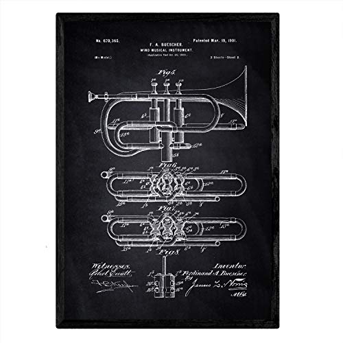 Nacnic Poster Patent Trompete 2. Folie mit altem Design-Patent in der Größe A3 mit schwarzem Hintergrund von Nacnic