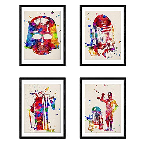 Nacnic set mit 4 star wars postern | bilder mit illustrationen aus dem film star wars | darth vader, yoda, r2-d2 und c3po | a4-format (21x29,7cm) von Nacnic