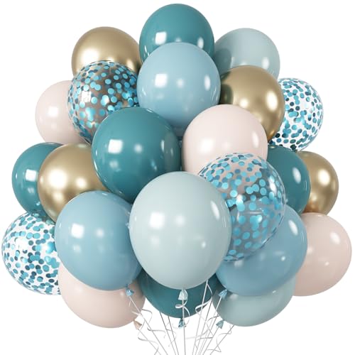 Luftballons Blau, 60 Stück 12 Zoll Türkis Beige Creme Latex Party Ballons mit Metallic Gold Blau Konfetti Helium Luftballon Blaugrün Turquoise Weiß Ballon Set für Geburtstag Babyparty Hochzeit Deko von Nacori