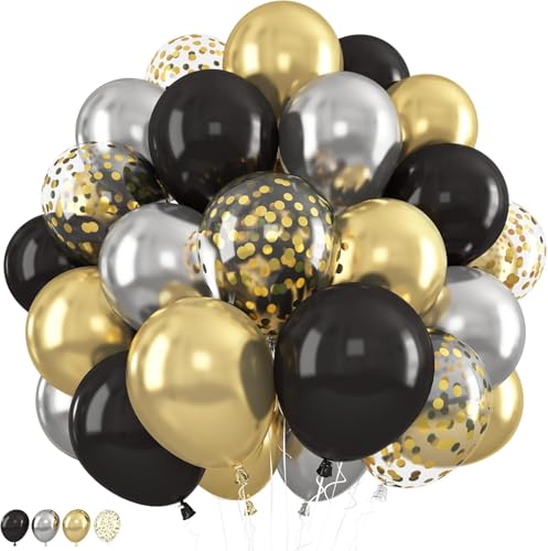 Luftballons Schwarz Gold Silber, 12 Zoll Metallic Silber Gold Schwarz Helium Luftballon mit Golden Konfetti Latex Party Ballons für Geburtstag Jahrestag Hochzeit Babyparty Verlobungs Party Dekoration von Nacori