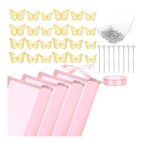 Naemriee 40 Blatt Blumen-Geschenkpapier-Set, Blumenstrauß für Muttertag, Hochzeit, Geburtstag, Abschlussfeier, DIY-Geschenk, Langlebig, Einfach Anzubringen, Rosa von Naemriee