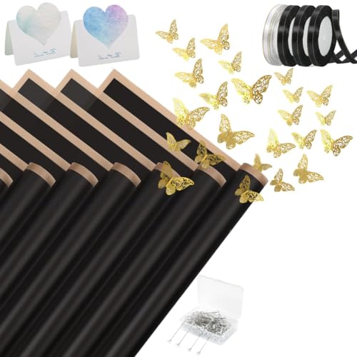 Naemriee 40 Blatt Blumen-Geschenkpapier mit 4 Rollen Blumenbändern, 20 Karten, 36 Stück 3D-Goldschmetterlinge, Schwarz von Naemriee