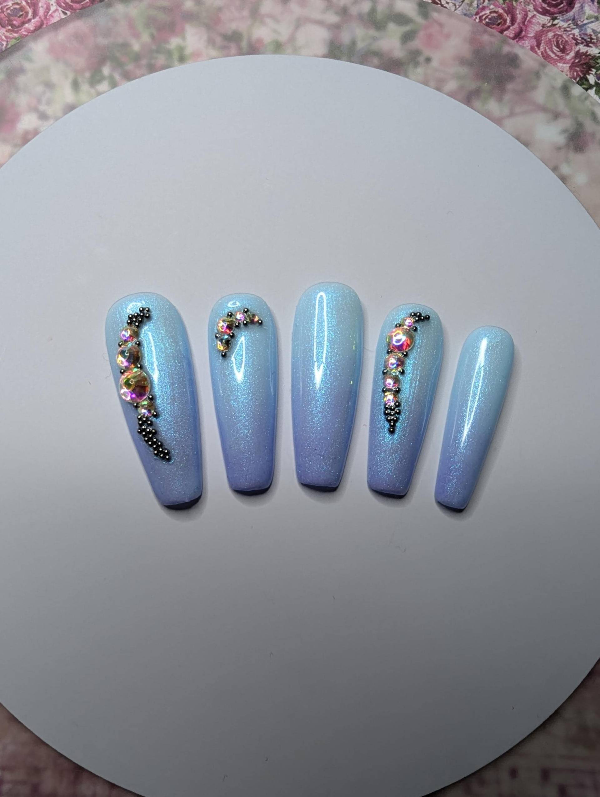 Press On Nails Set/Nägel Gelnägel /Kunstnägel Hellblau Mit Glitzernden Steinen von NagelUniversum