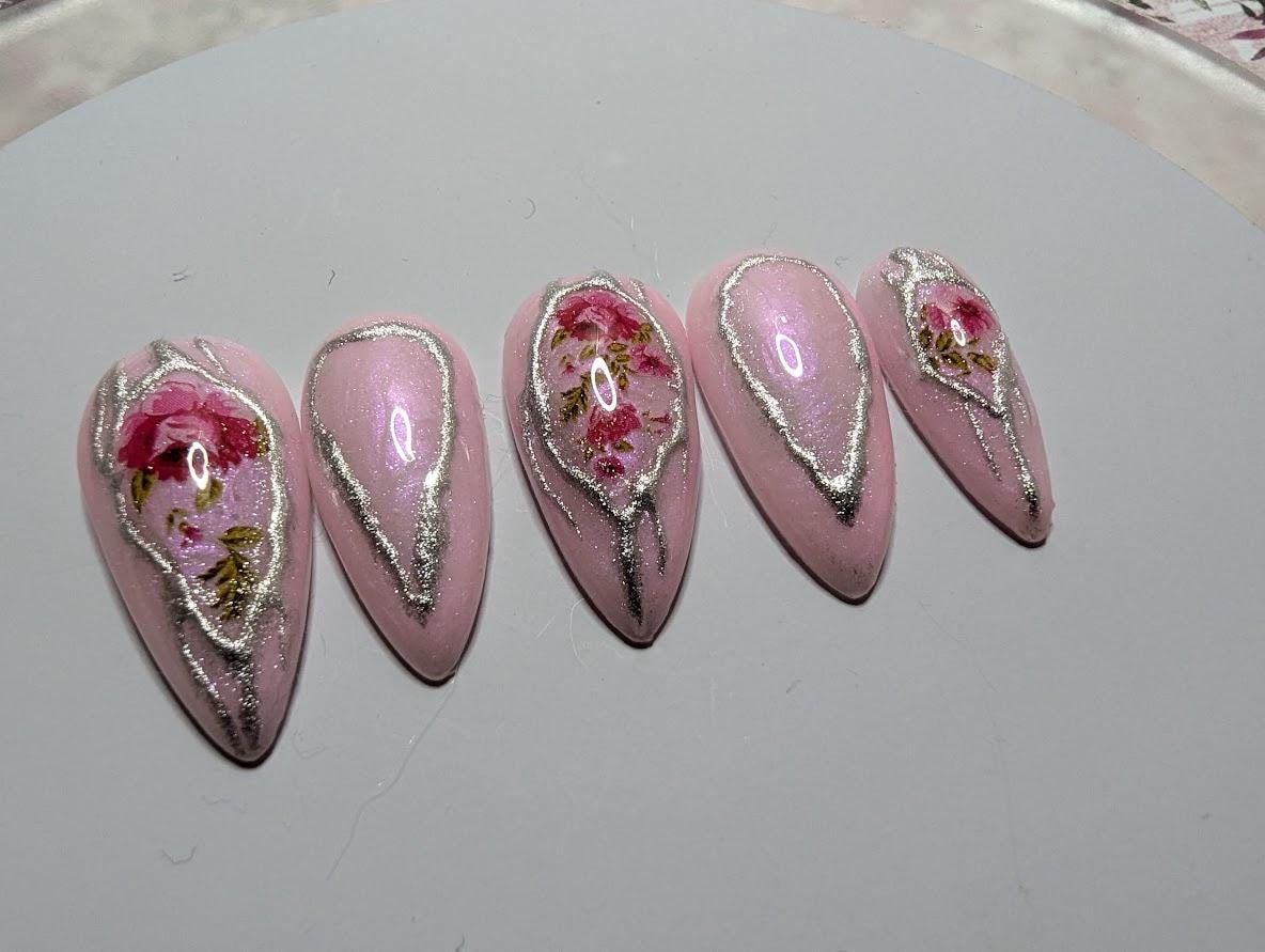 Press On Nails Set/Nägel Gelnägel /Kunstnägel Rosa Mit Blumenmuster von NagelUniversum