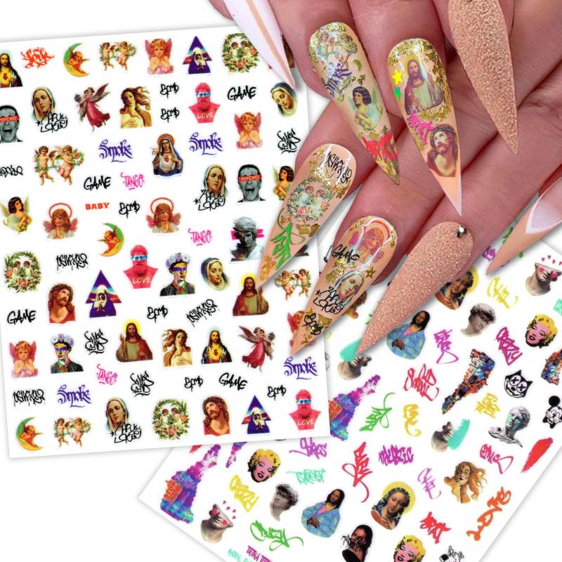 2 Blatt Classic Trifft Pop Art Nagelsticker | Street Graffiti Clip Engel Cherub Saint Mary Mona Lisa Nägel Selbstklebende Nagelabziehbilder von NailQueenNYC