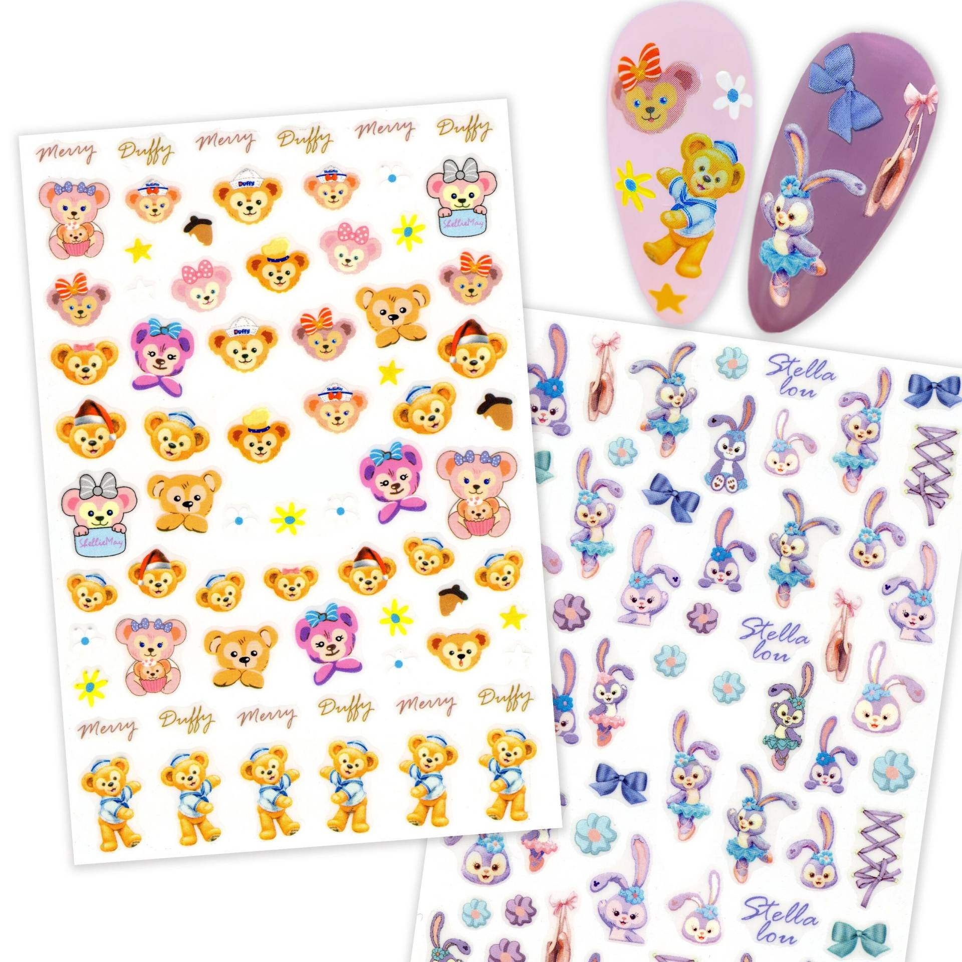 2 Bögen Playful Orange Bear & Lilac Bunny Nail Art Sticker von NailQueenNYC