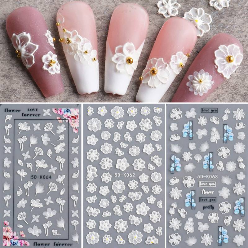 3 Blatt 5D Geprägte Blumen Nail Art Aufkleber | Kirschblüten Blütenblätter Selbstklebende Nagelabziehbilder | Suche Nach "5D" Für Weitere Artikel von NailQueenNYC