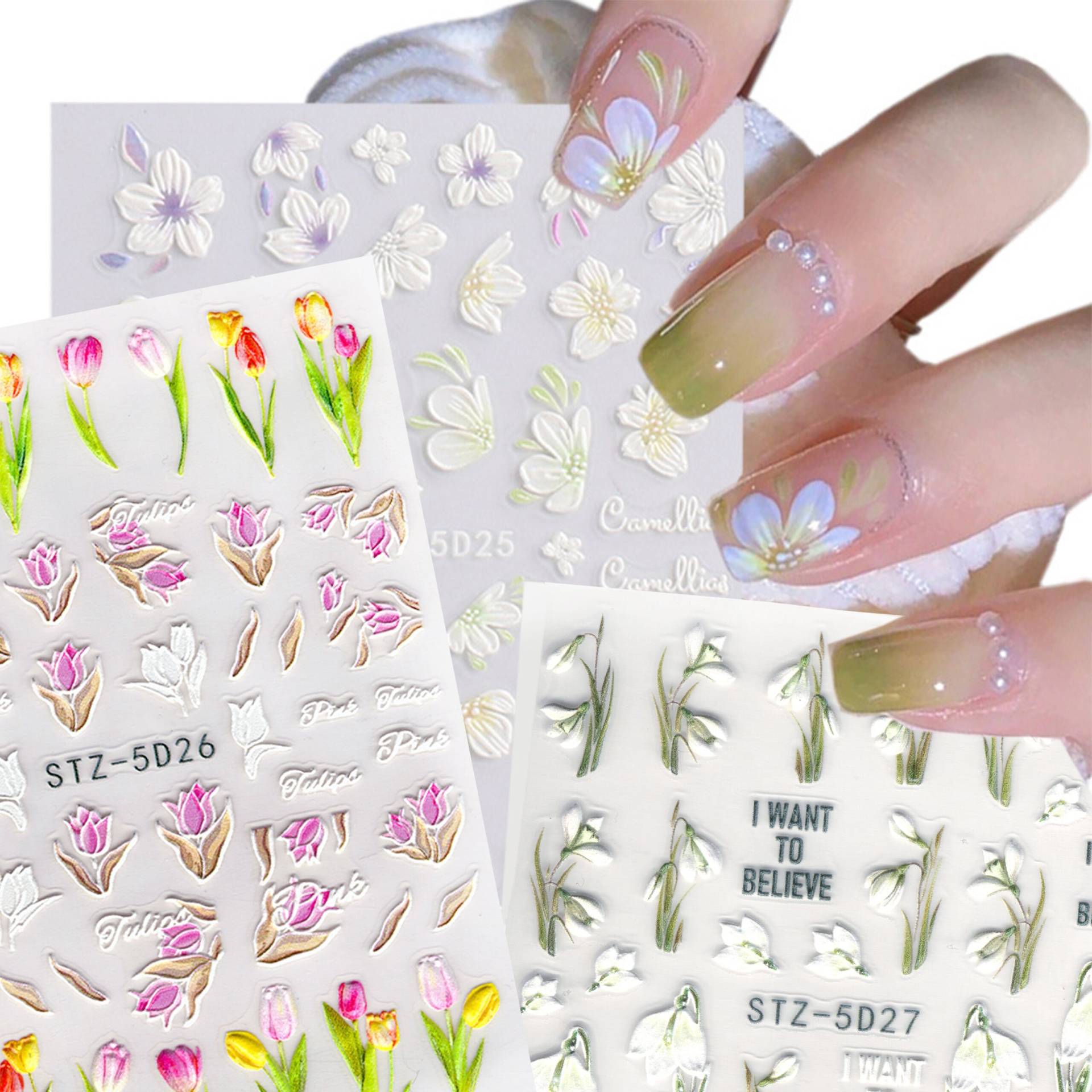 3 Bögen 5D Geprägte Blütenblätter Tulpen Weiße Blumen Nail Art Sticker | Selbstklebende Nagelabziehbilder | Suchen Sie "5D" Für Weitere Artikel von NailQueenNYC