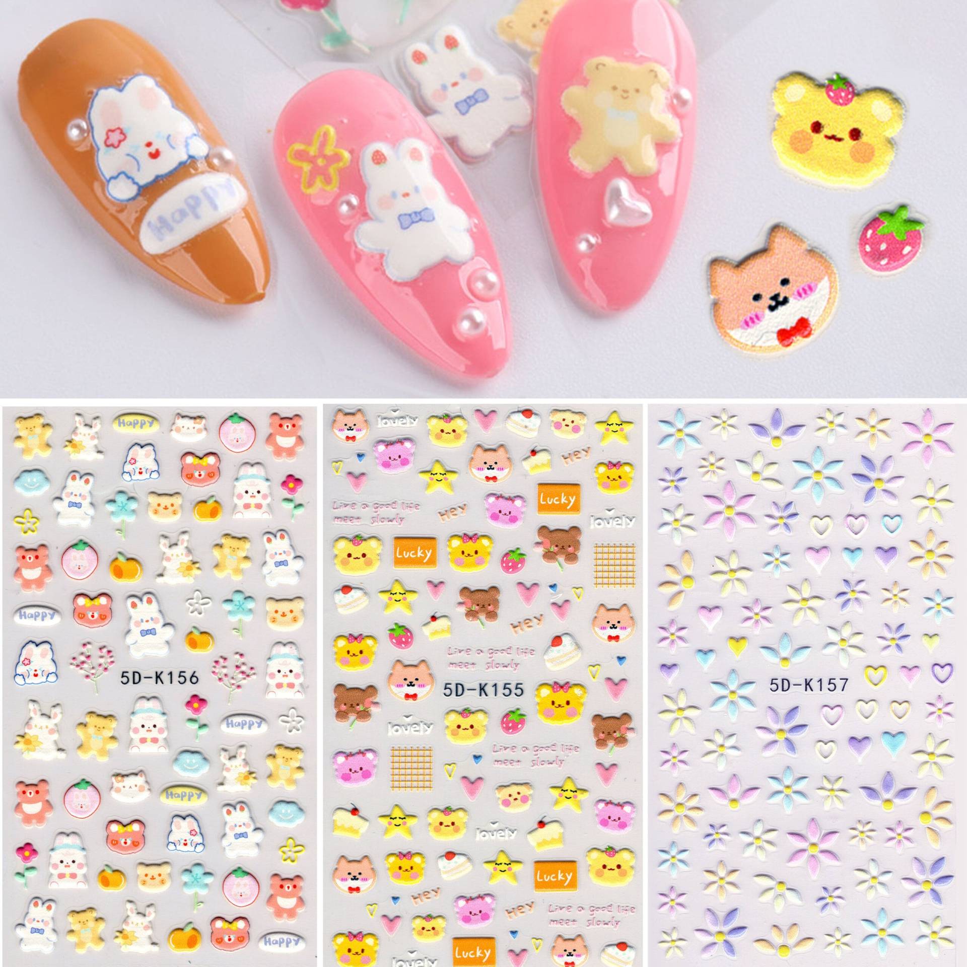 3 Sheets 5D Cookie Bear White Rabbit Schöne Tiere Blumen Nail Art Aufkleber | Selbstklebende Nagelabziehbilder | Suche Nach "5D" Für Weitere Artikel von NailQueenNYC