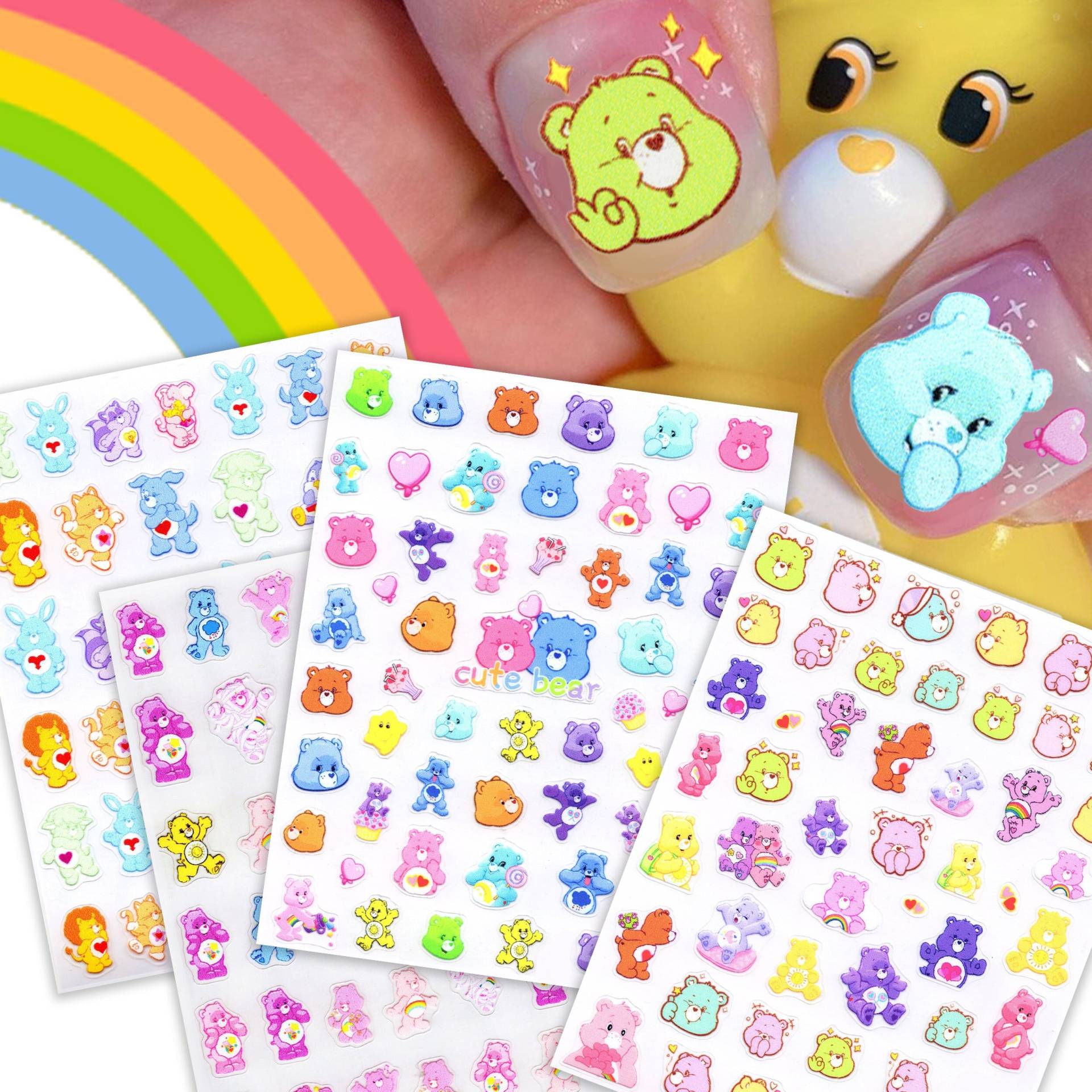 4 Bögen Niedliche Regenbogen Bubble Bear Nail Art Sticker von NailQueenNYC