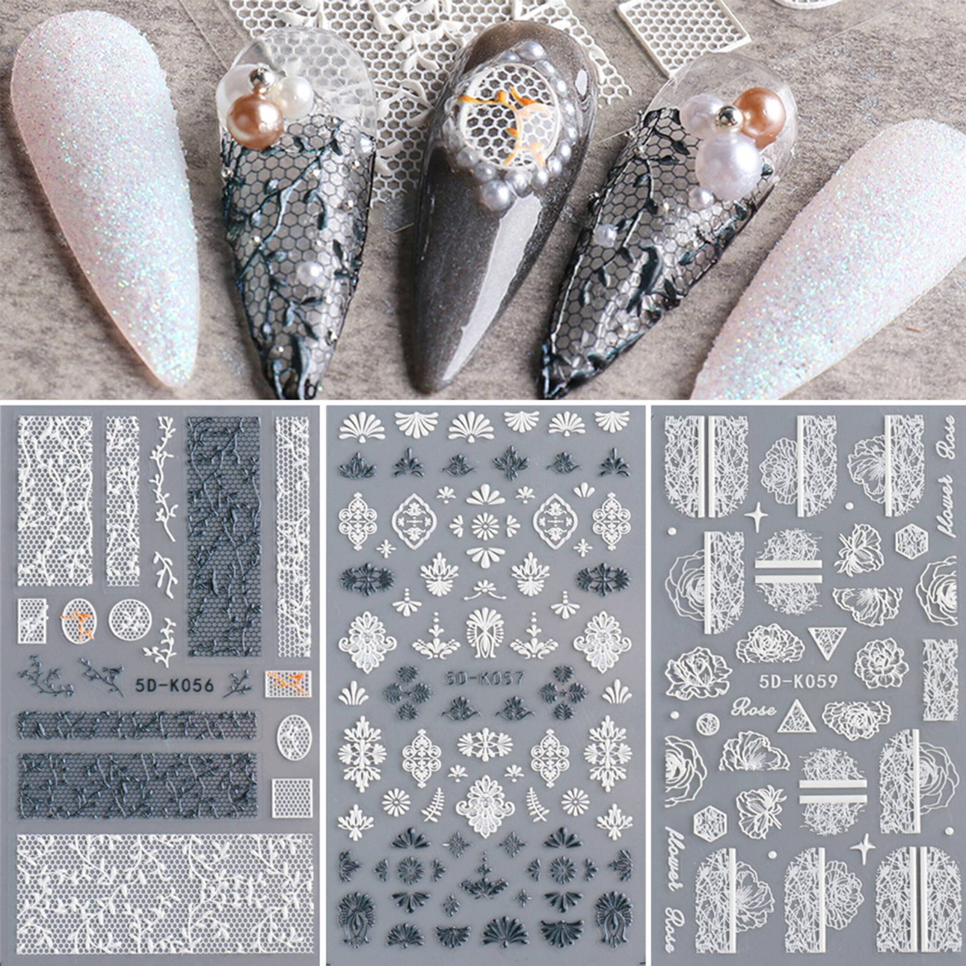 4 Sheets 5D White/Black Lace Nail Art Aufkleber | Boho Henna Embossed Rose Selbstklebende Nagelabziehbilder | Suche Nach "5D" Für Weitere Artikel von NailQueenNYC