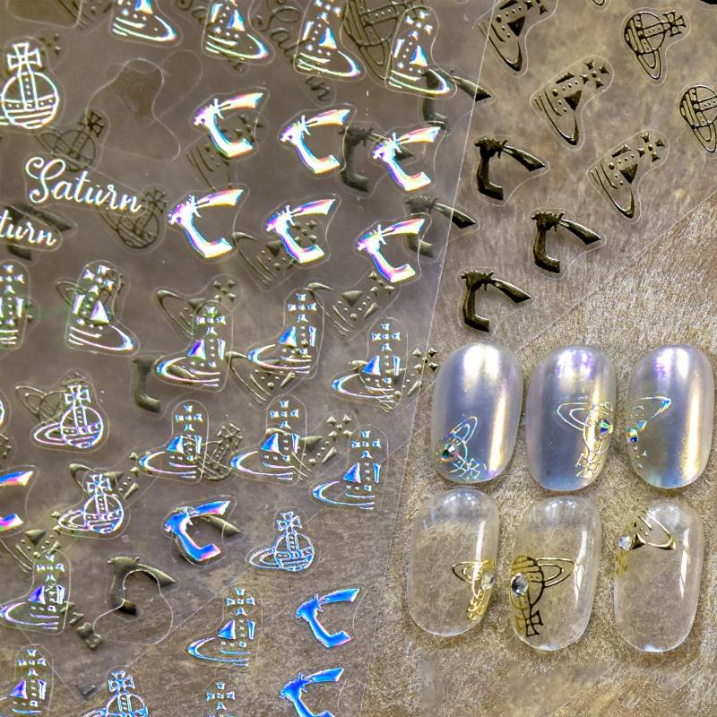 5D Gold/Holographic Silver Saturn Nail Art Sticker von NailQueenNYC