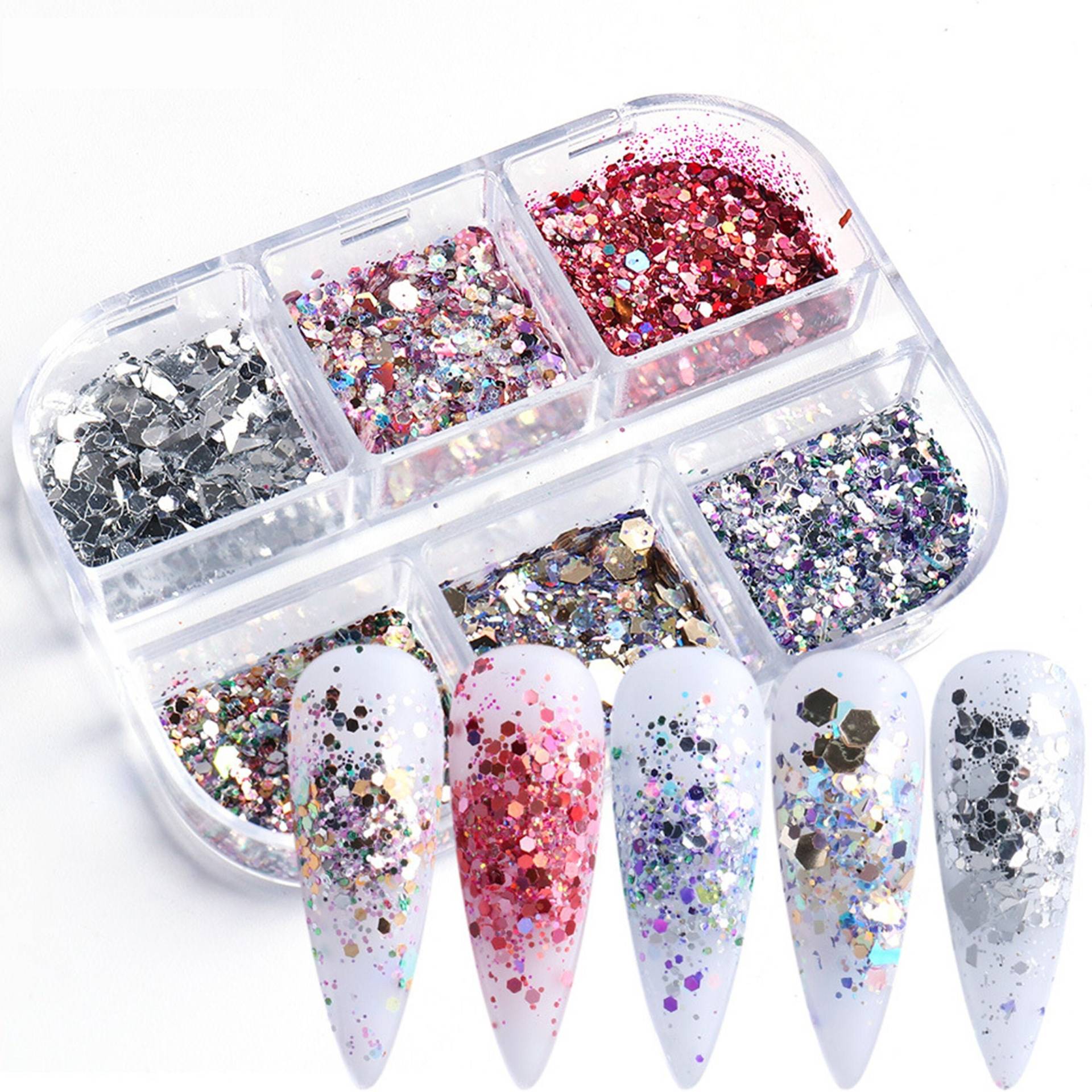 6-Grid Leidenschaftliches Rot, Silber, Champagner-Gold, Eisblau & Blush Rosa Schimmer Glitzern Nagel Chunky Glitter Mixed Pailletten Puder Set von NailQueenNYC