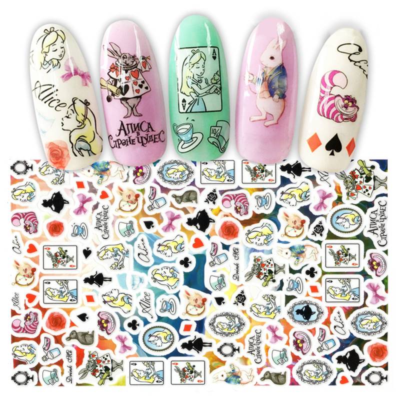 Alice's Dream Im Wunderland Magic Kingdom Nail Art Sticker | Grinsekatze White Rabbit Red Queen The Playing Cards Aquarell Decals von NailQueenNYC