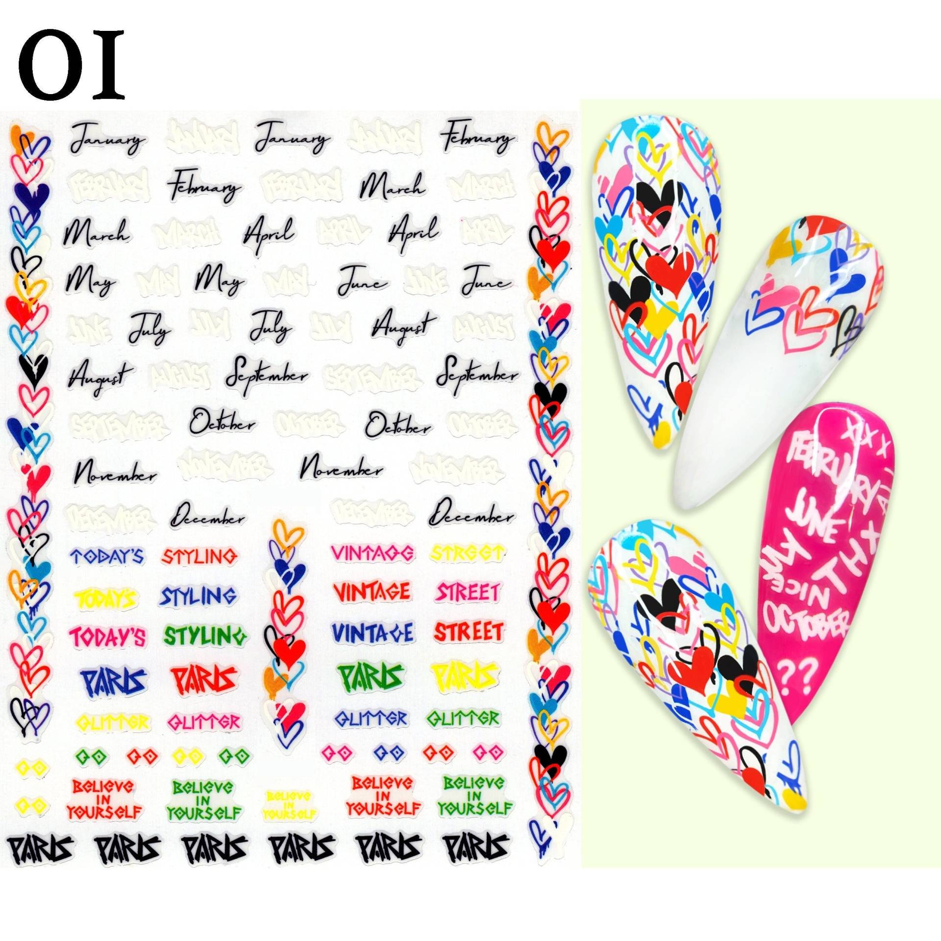 Graffiti-Inspirierte Herzen Worte Nail Art Stickers #01 | Street Graffiti Pop Selbstklebende Nagelabziehbilder von NailQueenNYC