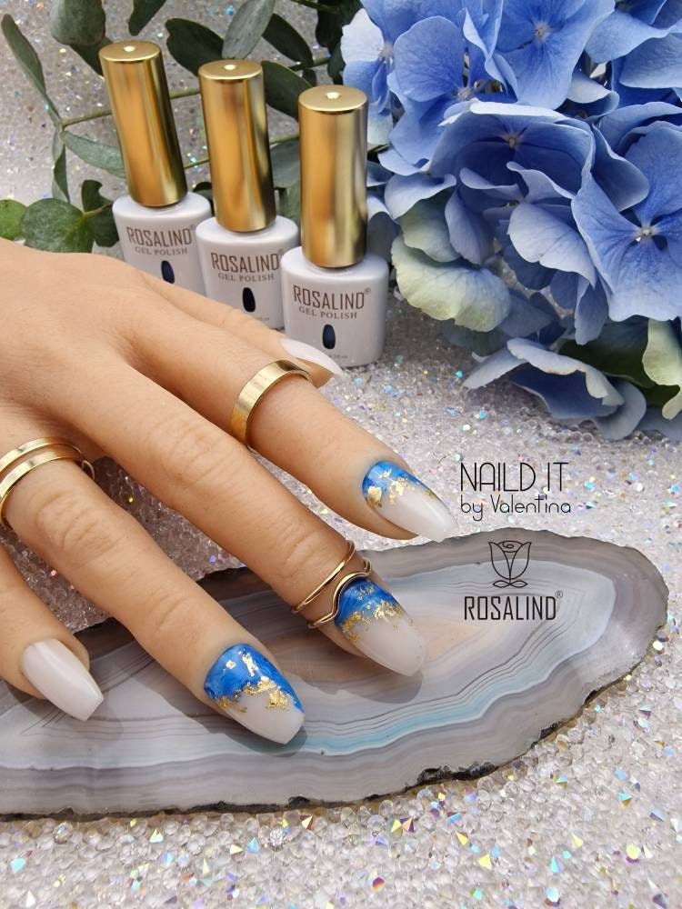 Press On Nails Gelnägel Künstliche Nägel Acrylnägel Handgefertigt Marmoriert Blau Blattgold Milchig Weiß Maritim Urlaubsnägel Geschenkidee von NaildITbyValentina