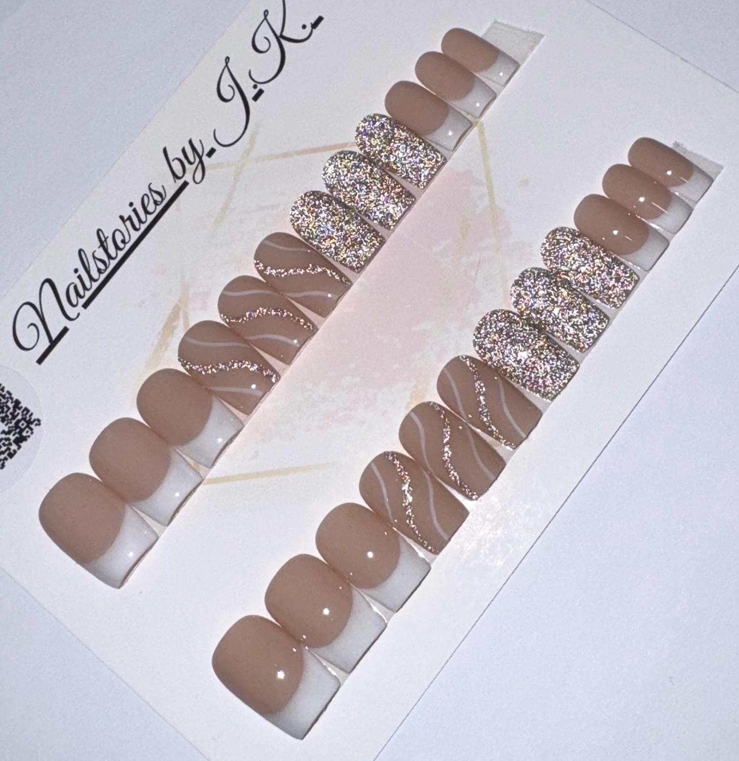 Versandfertig 24Tlg Ready To Ship Press On Nails - Medium Coffin/Ballerina Nude/Gold Glitzer Sizingkit-Tragefertig von NailstoriesbyJK