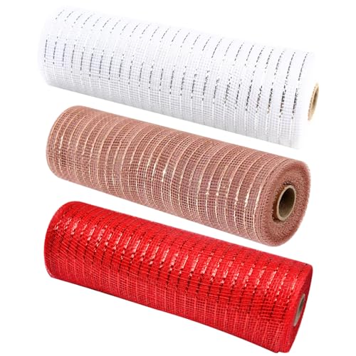 Mesh Roll Christmas Mesh Rolls 3Rolls 10,2 Zoll 10yards Dekoratives Netzband für Kranz machen Metallic Christmas Ribbon für Handwerkskleinerbaumdekorationen Style22 von Naisicatar