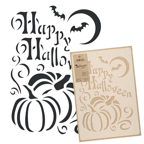 NAKLEO Halloween Malschablone - Dekoration für Kinder - Kürbis Happy Halloween Beschriftung - M 43x64 cm - Kunststoff Wiederverwendbar Kinder Zeichnung Färbung Große Schablone von Nakleo