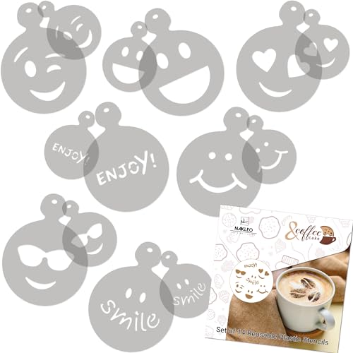 NAKLEO Kaffee Schablonen und Kekse Dekoration 14 Stück 7x7 und 11x11cm, Wiederverwendbare Plastik Backen Vorlage, Emotion Smileys Emoticon, DIY Kunst, Cappuccino Latte Schokolade Torten Kuchen von Nakleo