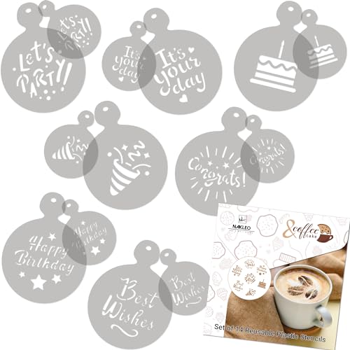 NAKLEO Kaffee Schablonen und Kekse Dekoration 14 Stück 7x7 und 11x11cm, Wiederverwendbare Plastik Backen Vorlage, Geburtstag Glückwunsch Party, DIY Kunst, Cappuccino Latte Schokolade Torten Kuchen von Nakleo