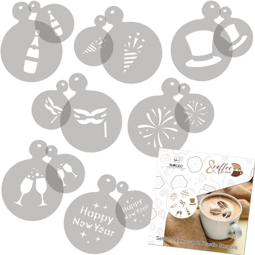 NAKLEO Kaffee Kekse Dekoration Wiederverwendbar Plastik Backen Schablone - 7x7cm und 11x11cm - Silvester - Kunst Basteln DIY Plätzchen Gebäck Biskuits Kuchen Glasur Küche Zuckerguss von Nakleo