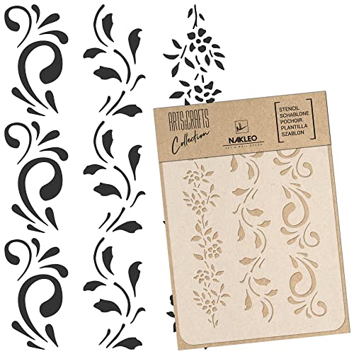 NAKLEO Malschablone für Handwerk A5 15x21cm, Randblumen Pflanze Blume Muster, Wiederverwendbare Kunststoff DIY & Scrapbooking Zeichenschablone, Decoupage Kunst Vorlage, Wand Stoff Möbel Holz von Nakleo