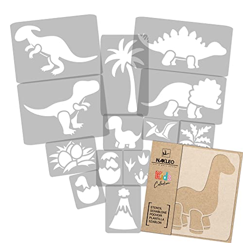 NAKLEO Schablonen Malen für Kinder, 14 Stück Set 9x12 bis 23x34cm Dinosaurier, Wiederverwendbare Kunstoff Kinderzimmer Malvorlage Raumdekoration, Basteln DIY Wand Möbel Papier von Nakleo