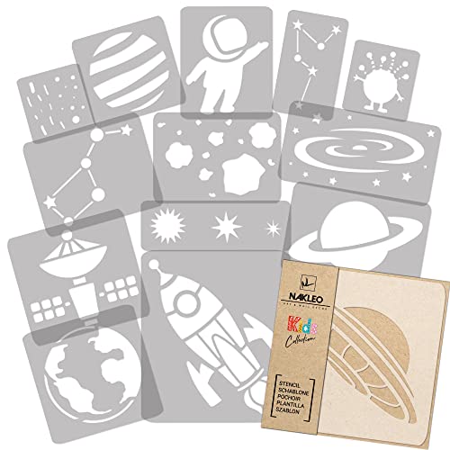 NAKLEO Schablonen Malen Kinderzimmer - 14 Stück - Kosmos Galaxie - Kunststoff und Wiederverwendbar - Schablonenmal-Set für Kinder - von 23x34 cm bis 9x12 cm von Nakleo