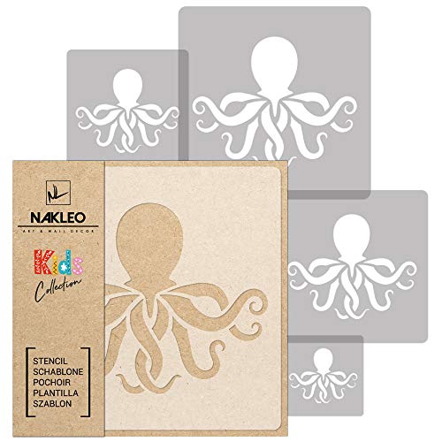 NAKLEO Schablonen Malen für Kinder, 5 Stück Set 9x9 bis 34x34cm Oktopus Meer Tier, Wiederverwendbare Kunstoff Kinderzimmer Malvorlage Raumdekoration, Basteln DIY Wand Möbel Papier von Nakleo