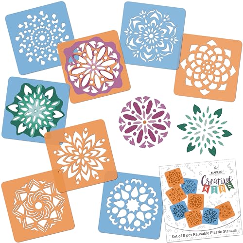 NAKLEO Schablonen Malen für Kinder, 8 Stück Set 15x15cm Mandalas Rangolis, Kinder Kreatives Zeichenschablonen, Kunststoff Wiederverwendbar Malschablone DIY Handwerk, Papier Wand Holz Stoff von Nakleo