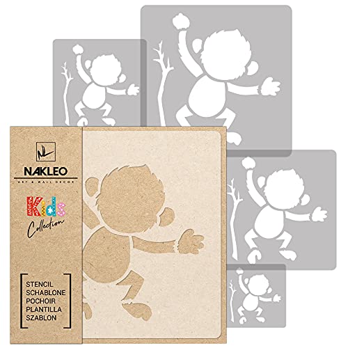 NAKLEO Wiederverwendbare Kunststoff Schablonen Malen Kinder, 5 Stück Set 9x9 bis 34x34cm Affe Dschungel Tier, Kinderzimmer Malvorlage Raumdekoration, Basteln DIY Wand Möbel von Nakleo