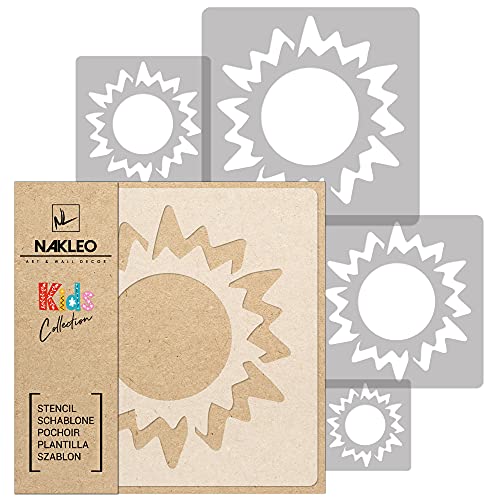 NAKLEO Wiederverwendbare Kunststoff Schablonen Malen Kinder, 5 Stück Set 9x9 bis 34x34cm Sonne Himmel Stern, Kinderzimmer Malvorlage Raumdekoration, Basteln DIY Wand Möbel von Nakleo