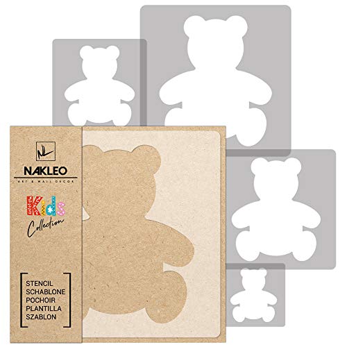 NAKLEO Wiederverwendbare Kunststoff Schablonen Malen Kinder, 5 Stück Set 9x9 bis 34x34cm Teddy Bär Plüsch, Kinderzimmer Malvorlage Raumdekoration, Basteln DIY Wand Möbel von Nakleo