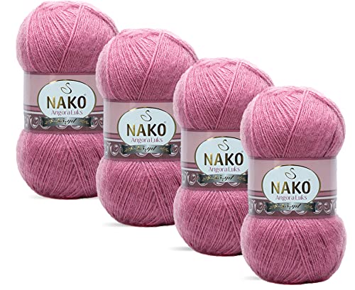 Nako Angora Luks Woll-Strickgarn, 4 Knäuel, je Knäuel, 100 g, mit seiner leichten pelzigen Struktur kann es für alle Familienmitglieder, Frauen, Männer und Kinder verwendet werden. (Rose 6682) von NAKO