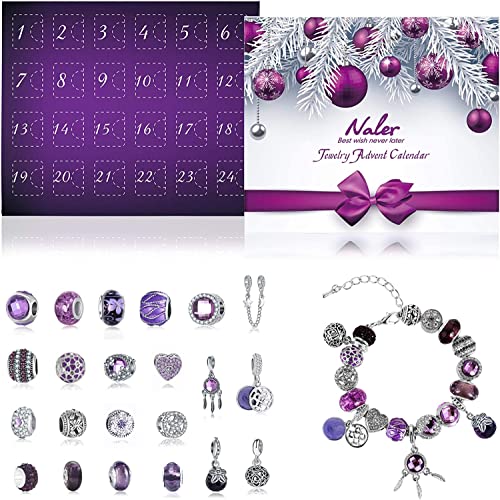 Naler 24-teilig Adventskalender Charms Anhänger Perlen Weihnachten Glasperlen mit Halskette und Armband Geschеnk für Frauen und Mädchen von Naler