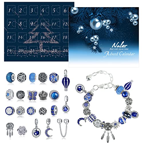 Naler 24-teilig Charms Adventskalender Blau Schmuck Anhänger Glasperlen mit Ketten und Armband für Weihnachten von Naler