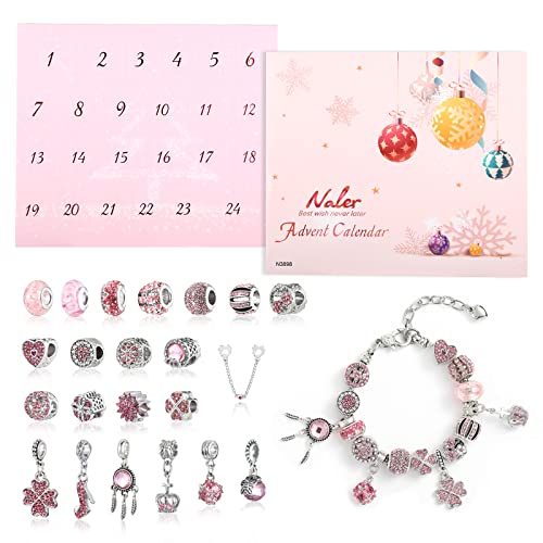 Naler 24-teilig Charms Adventskalender Rosa Schmuck Anhänger Glasperlen mit Ketten und Armband für Weihnachten von Naler