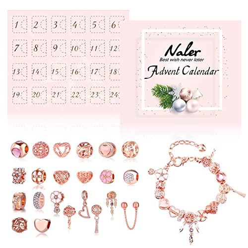 Naler 24-teilig Charms Adventskalender Roségold Schmuck Anhänger Glasperlen mit Ketten und Armband für Weihnachten von Naler