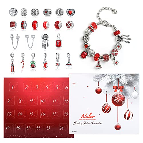 Naler 24-teilig Charms Adventskalender Rot Schmuck Anhänger Glasperlen mit Ketten und Armband für Weihnachten von Naler