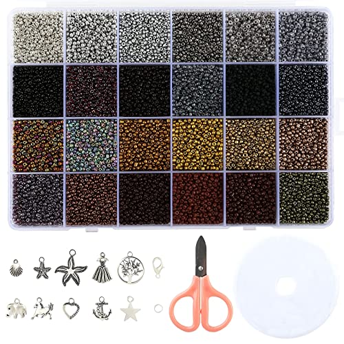 Naler 24000 Stück Rocailles Perlen 2 mm Glasperlen Dunkler Farbton Rund Beads mit Charms Anhängern und Schmuckfaden zum Basteln, 24 Farben von Naler