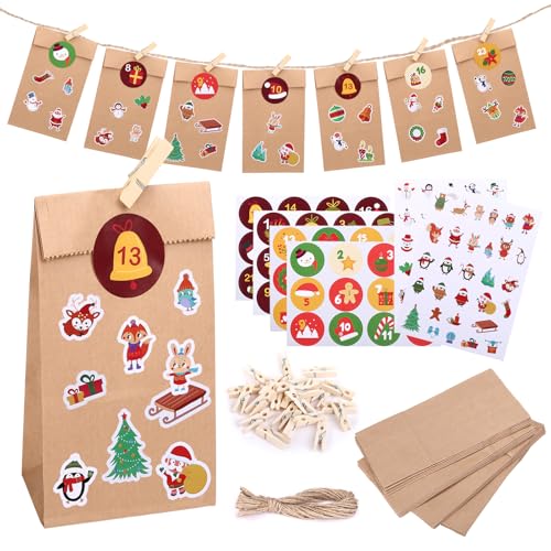 Naler DIY Adventskalender Kit Leere Adventskalender 2024 mit 24 Papiertüten und Aufklebern Papier Selber Machen Adventskalender Schöne Weihnachten Adventskalender von Naler