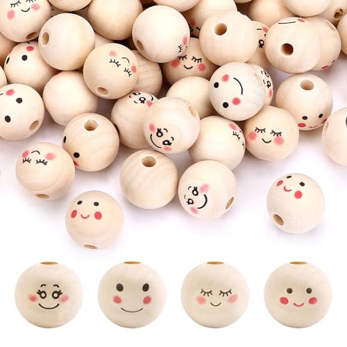 Naler Holzperlen mit Gesicht, 60pcs Lächeln Gesicht Holzperle 20mm 4 Stil Natürliche Holz Perlen Runde mit Loch für DIY Handgefertigte Handwerk Engel Handwerk und Kinder Schmuck Machen Zubehör von Naler